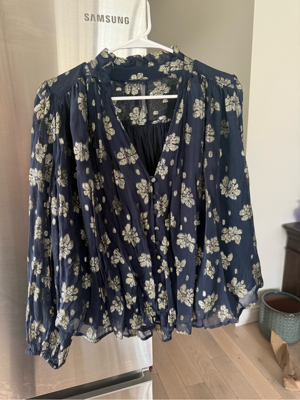 Anthropologie Navy Blouse with Metallic Floral Print